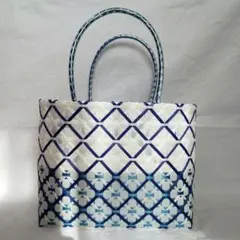 プラかごバッグ　プラカゴ　ブルー×ホワイト×水色　ppバンド