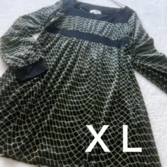 ［ＸＬ] ＭＫMICHEL KLEIN 長袖ワンピース 黒と緑のベルベット調