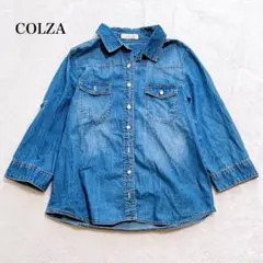 コルザ 七分袖デニムシャツ ブラウス 袖ロールアップ 色落ち加工 カジュアル