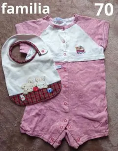 familiar 赤と白ストライプロンパース　スタイ　70