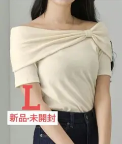 半袖 リブ オフショルダー リボン アイボリー レディース Lサイズ 【新品】