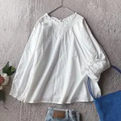 美品(F)長袖ビッグシャツ/ブラウス/オーバーサイズ/綿100%/レース/袖リブ