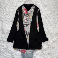 美品 花柄ドレープネック レイヤード風 長袖トップス モード 大人カジュアル