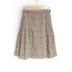 チェック　プリーツ　膝丈　スカート　ウール　キュプラ　茶色　裏地有り S