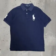 90s ポロラルフローレン ポロシャツ 半袖 ビッグポニー 刺繍 ネイビー　XL