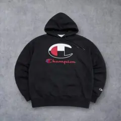 Champion スウェット プリントロゴ フーディ プルオーバー 黒2XL