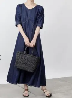 デニム フレア ワンピース パフスリーブ