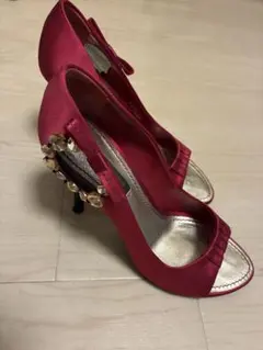 LOUIS VUITTON 赤 サテン オープントゥパンプス