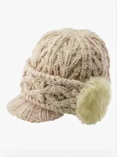 ベージュ 、黒ケーブル編み ニットキャップ 耳あて付き2点セット