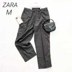 ZARAワイドイージーパンツウエスト総ゴムひも付きコットン100濃いグレー系