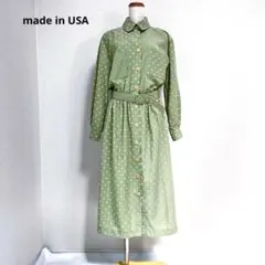80s USA製 ドット柄 前開き ベルト付 ロングシャツワンピース Y213