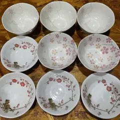 E05 和食器 小鉢 9点セット 梅柄 桜柄 昭和レトロのサムネイル