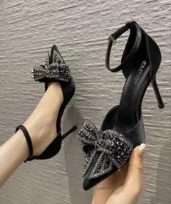 ブラックリボンパール装飾高ヒールシューズ
