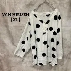 水玉✨VAN HEUSEN【XL】白×ネイビービックドット柄 Vネック7分袖