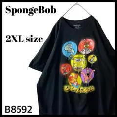海外人気アニメ スポンジボブ キャラクター 大判プリント Tシャツ 2XL 黒