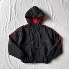 90s ADIDAS トレフォイル刺繍 短丈 フード ナイロンジャケット 黒 赤