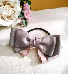 【ハンドメイド】リボンのヘアゴム(グレー、ライトベージュ)