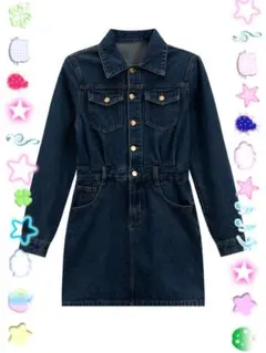 デニムワンピース ミニ丈 長袖 カジュアル レディース Lサイズ（ベルトなし）