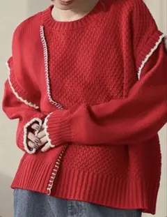 coen レッド 編み込みセーター L