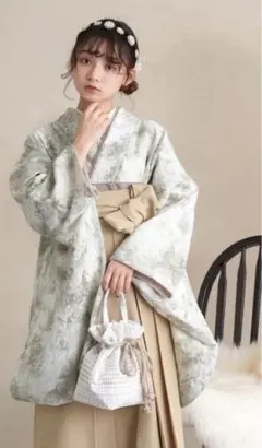 袴　卒業式　ベージュ　グリーン レース ３点セット　utatane