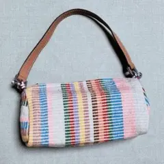 ネパール製✨カラフル手織✨ストライプ３WAY 革取手バッグ ポシェット ポーチ✨
