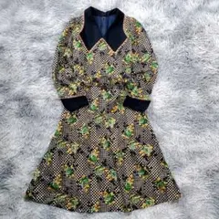 昭和レトロ✨ヴィンテージ✨花柄ワンピース 格子柄 レース襟 ベルト付 Aライン