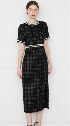 【LEJA】美脚効果スリット入りツイード柄ハイウエストワンピースドレス