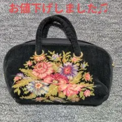 FEILER フラワー刺繍 ブラックハンドバッグ