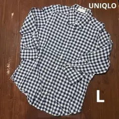 UNIQLO リネンシャツ　7分袖　チェック柄 シャツ ブラウス ネイビー Lのサムネイル