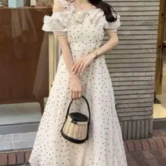 GRL⭐︎ドット柄フリルオフショルダーフレアロングワンピース Mサイズru1165
