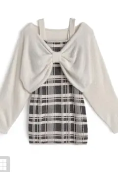 GRL リボンシャギートップス×チェック柄キャミワンピースニットセットアップ