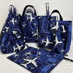 ハンドメイド　入園入学セット　空港　滑走路柄　飛行機柄　レッスンバッグ　上履き袋のサムネイル