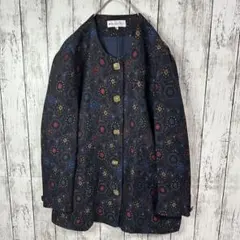 【総柄刺繍デザイン】ノーカラージャケット☆金ボタン☆レトロ☆幾何学☆S〜M