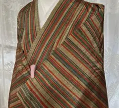 正絹　紬　着物　ストライプ　民芸調　トールサイズ