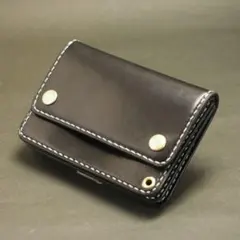 ミニトラッカーウォレット 3層 ブラック×白ステッチ 栃木レザー サドルレザー