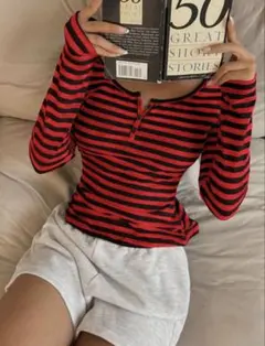 SHEIN EZwear ブラック&レッド ストライプ 長袖 Tシャツ　完売商品のサムネイル