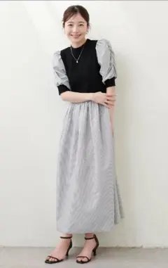 パフスリーブのストライプマキシドレス