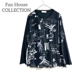 7分袖カットソー　黒 袖シアー　7分袖トップス　プリントシャツ　レトロ　希少
