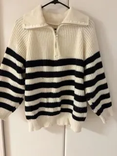 アイボリー・ネイビー ストライプ ニットセーター