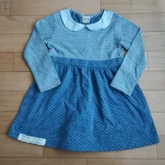 110cm ストライプ・ドット柄長袖ワンピース　水色　柔らか素材