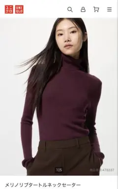 【新品未使用】UNIQLO メリノリブタートルネックセーター Ｌワイン色