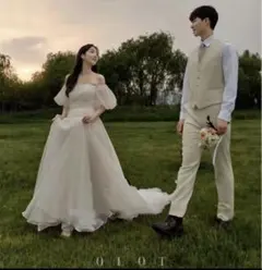 LL ぽっちゃり花嫁◎ 2Way ベージュ シフォンチュールドレス 韓国ドレス