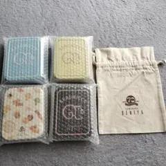 鎌倉紅谷　空き缶　巾着　ペールブルー　ミルキーイエロー　ブラウン　70周年