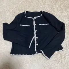 【新品未使用】韓国風　ツイードジャケット　長袖　ネイビー　ホワイト　パールボタン