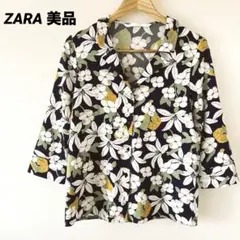 ZARA 花柄七分袖シャツ　ザラ　ブラウス　紺色