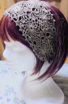 ハンドメイド かぎ針編み ヘアバンド 　太陽と星のイメージモカブラウン