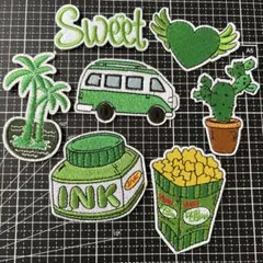 刺繍ワッペン アイロンワッペン 7個セット グリーン 緑 サボテン ポップコーン