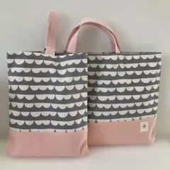 レッスンバッグ　上靴入れ　北欧　半月ボーダー　グレーxホワイト　ハンドメイド