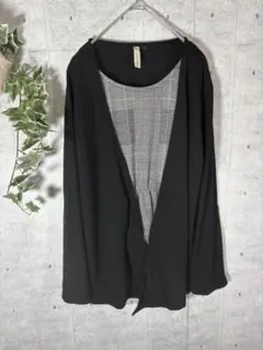 アッシュイデアル ブラックカーディガン チェック LLサイズ レディース 古着