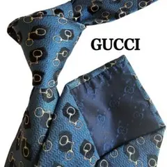 GUCCIグッチ 青 ドット柄　チェーン柄　黒　ゴールド　シルク ネクタイ